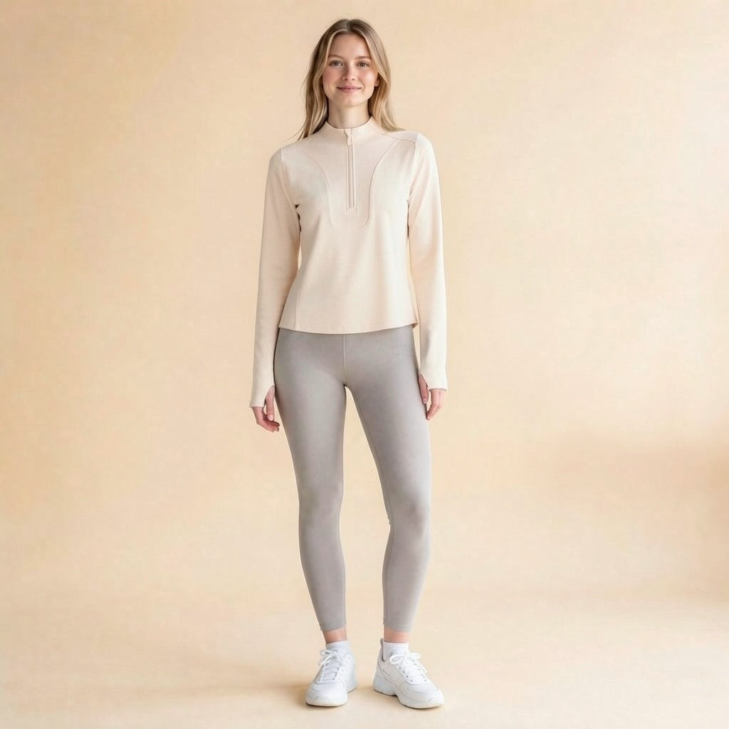 Women's stand-collar quarter-zip athletic top, four-way-stretch knit detail
